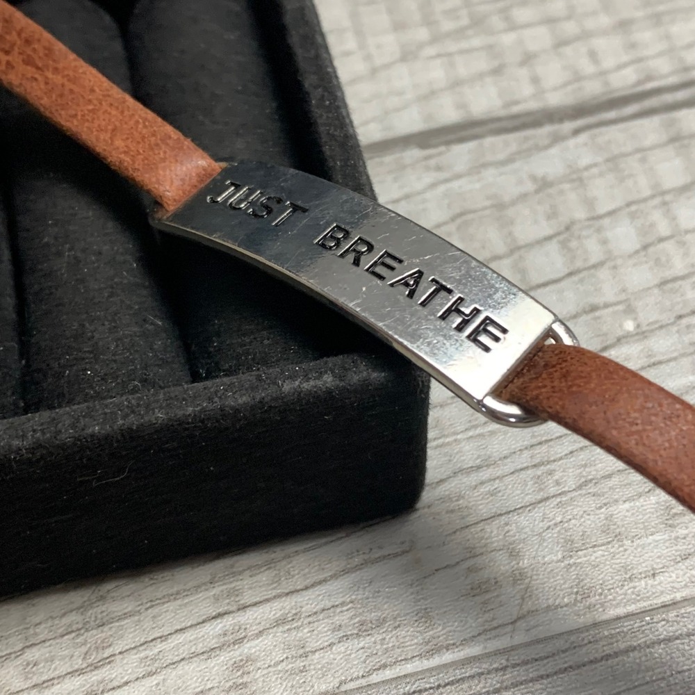 Just Breathe Inspirational Brown Leather Wrap Bracelet Silver Tone Heart Charm